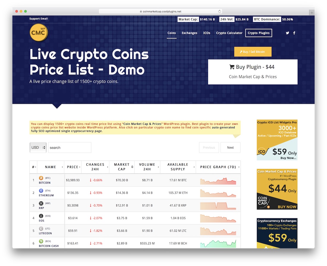coin market cap and prices cryptocurrency wordpress plugin