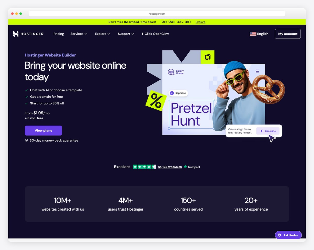 Hostinger website builder with AI-powered editor and responsive templates