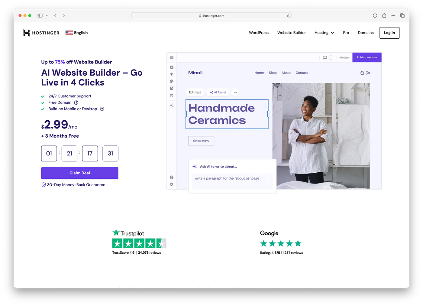 Hostinger - cheap AI website builder