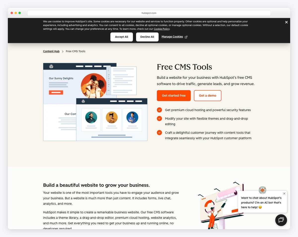 HubSpot CMS Hub with integrated CRM, marketing automation, and website analytics