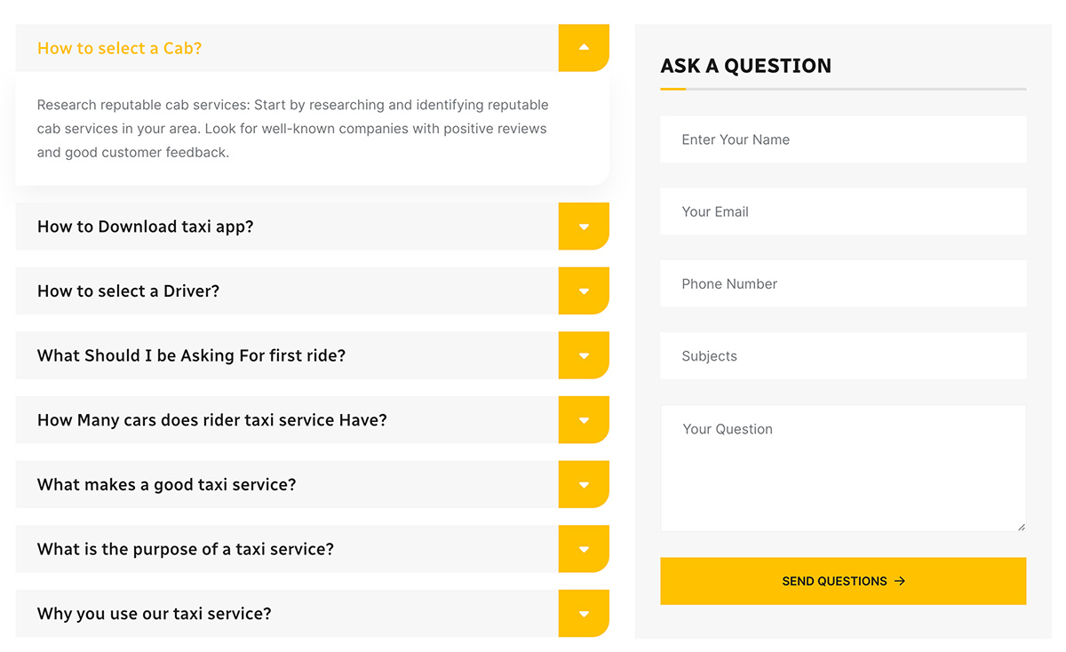 Taxi website support and FAQ section