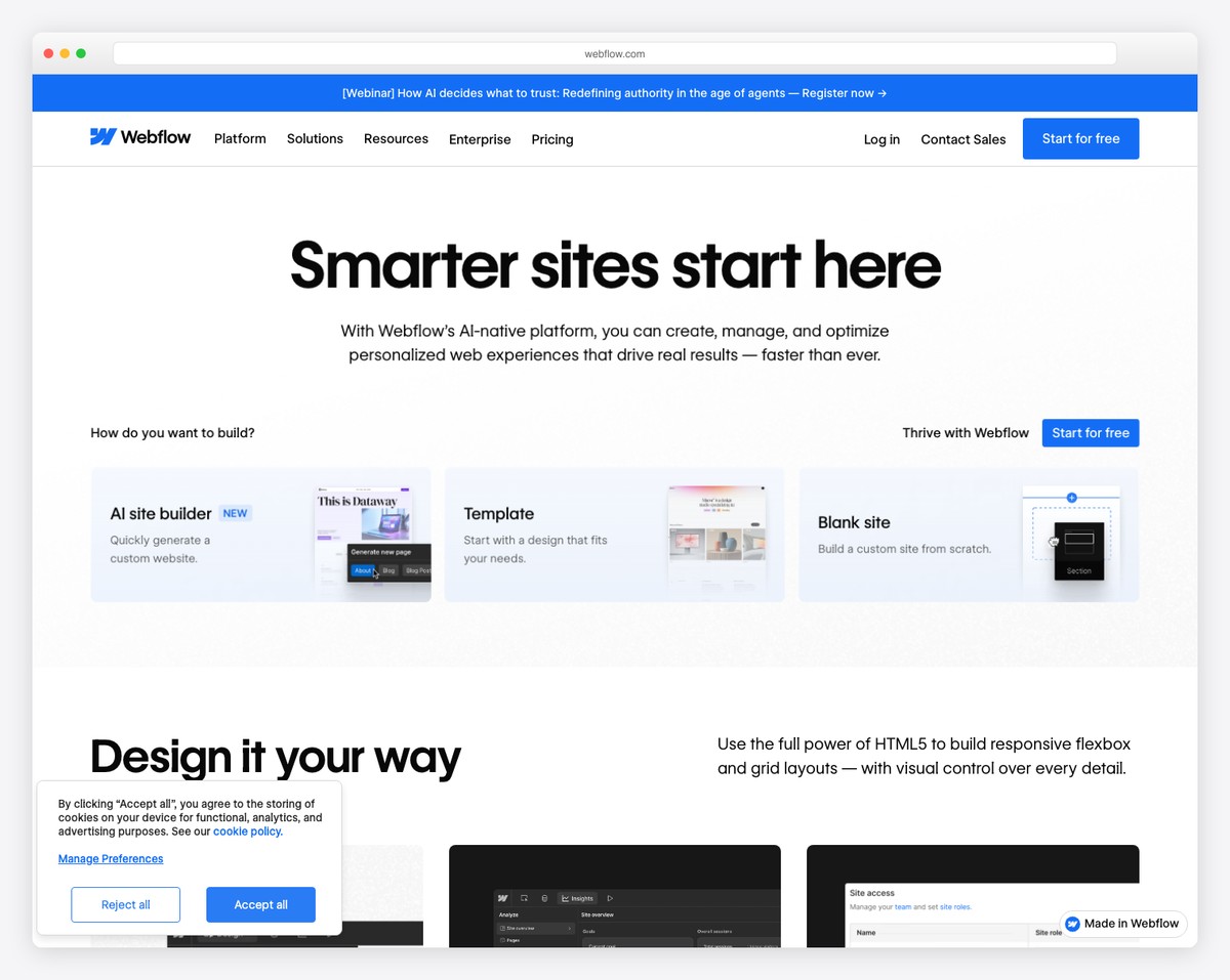 Webflow CMS blog designer with visual layout builder and custom fields