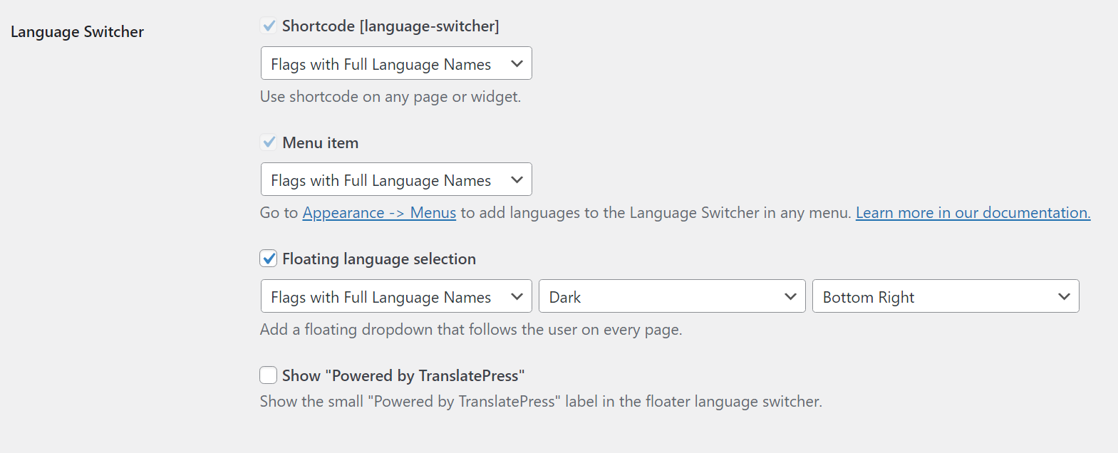 WooCommerce language switcher settings for TranslatePress