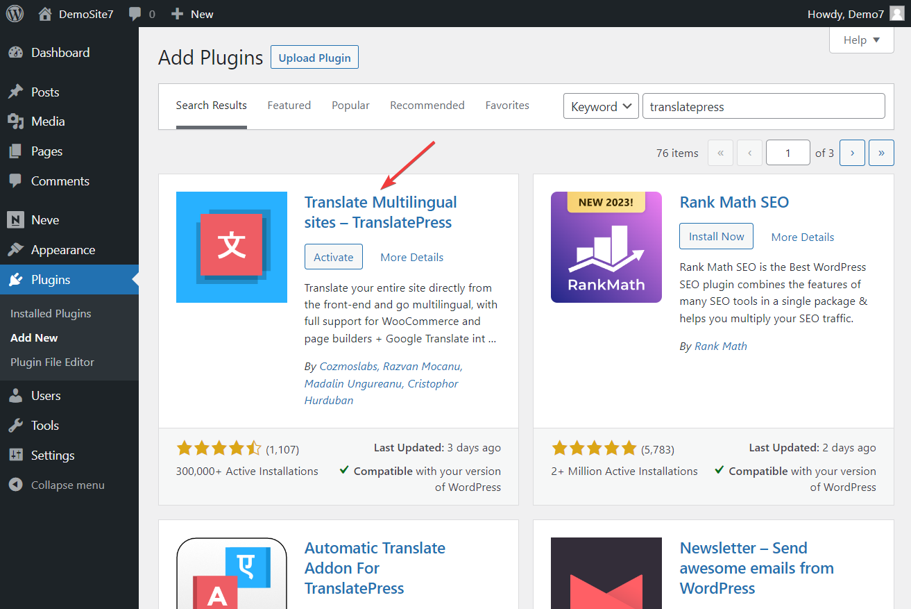Install Translate press directly from WordPress dashboard