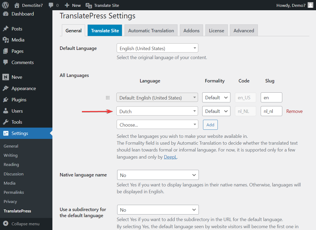 Select TranslatePress language 