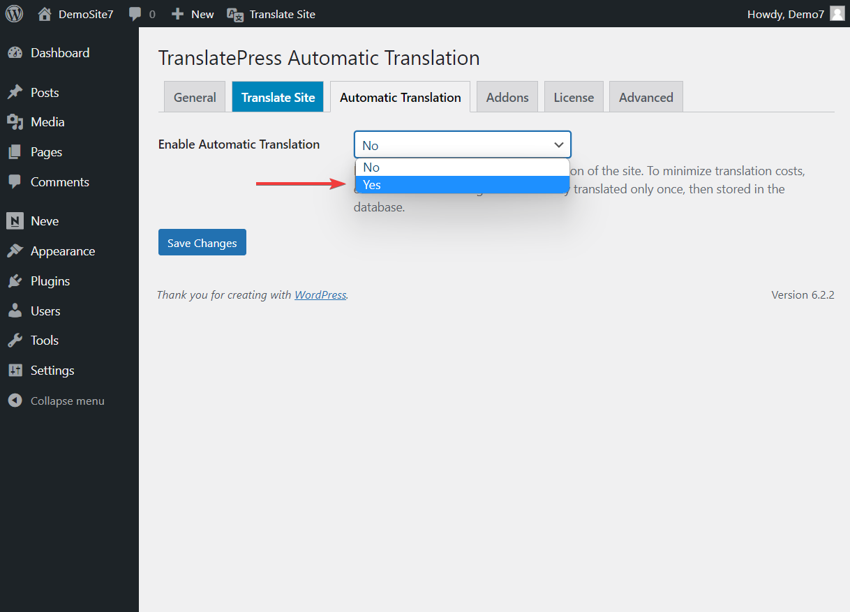 Enable automatic translation for TranslatePress WordPress plugin