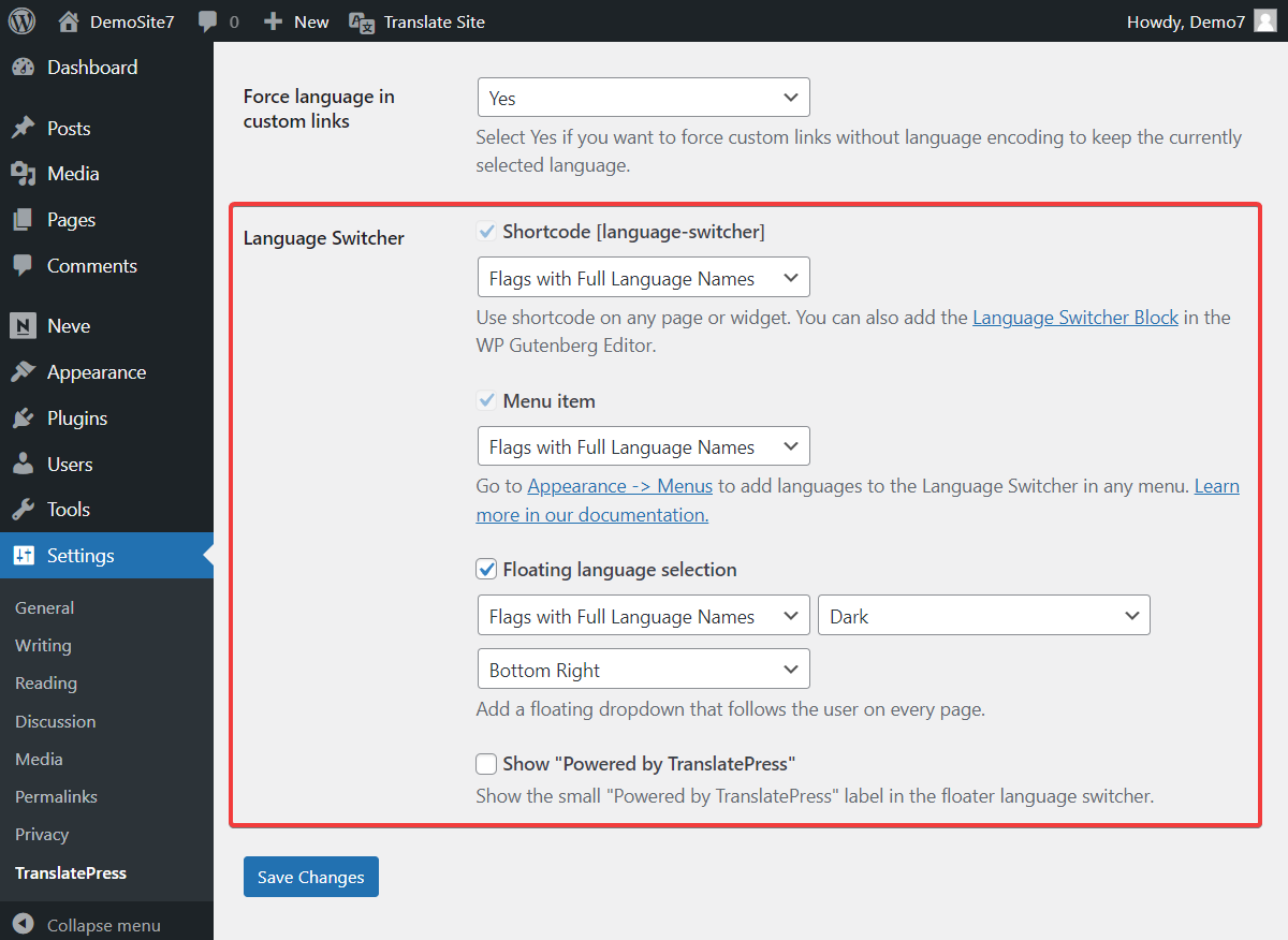 Select languages for language switcher within plugin settings