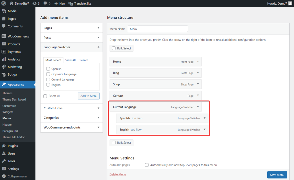 multiple language selection for WooCommerce inside navigation menu