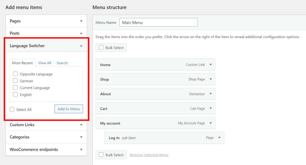WordPress language switcher in a menu