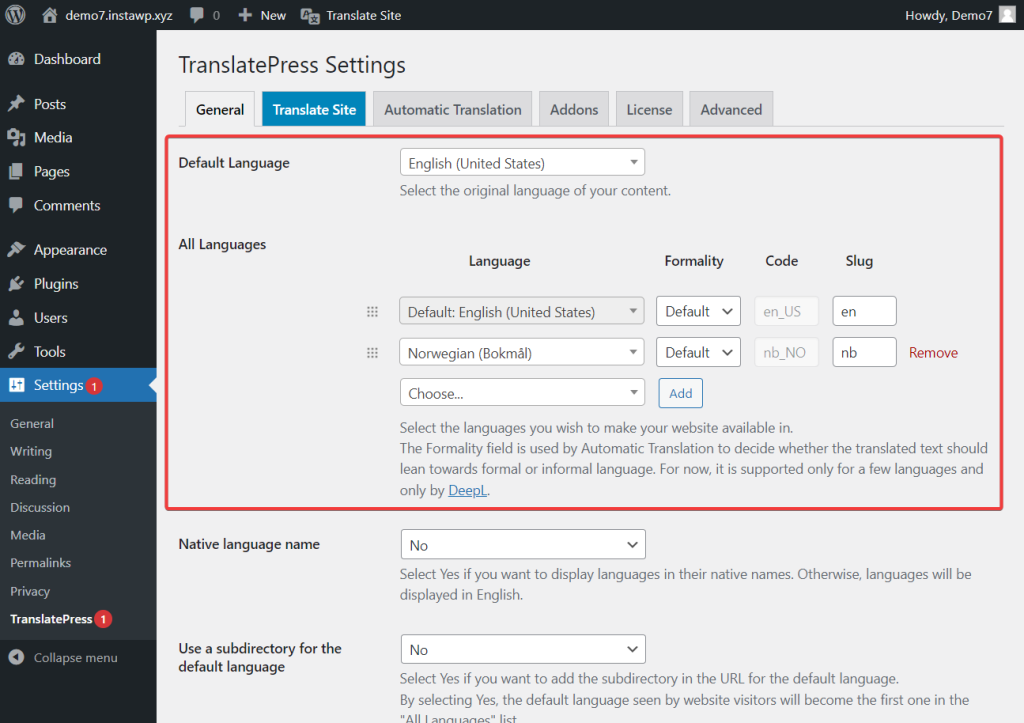 setting translation language in translatepress