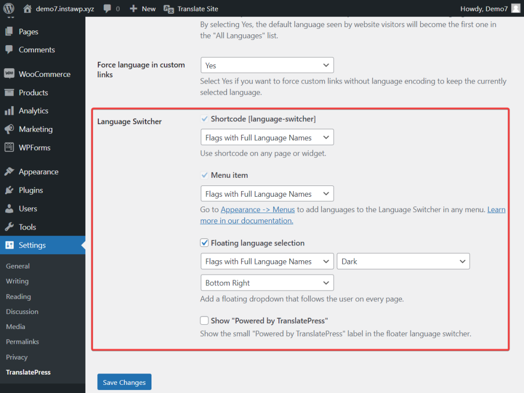 translatepress language switcher settings