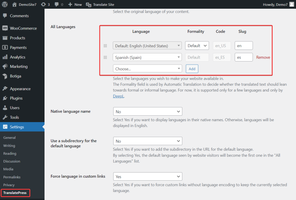 WooCommerce language settings using TranslatePress