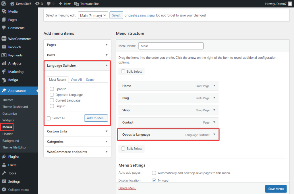 WooCommerce store menu translation